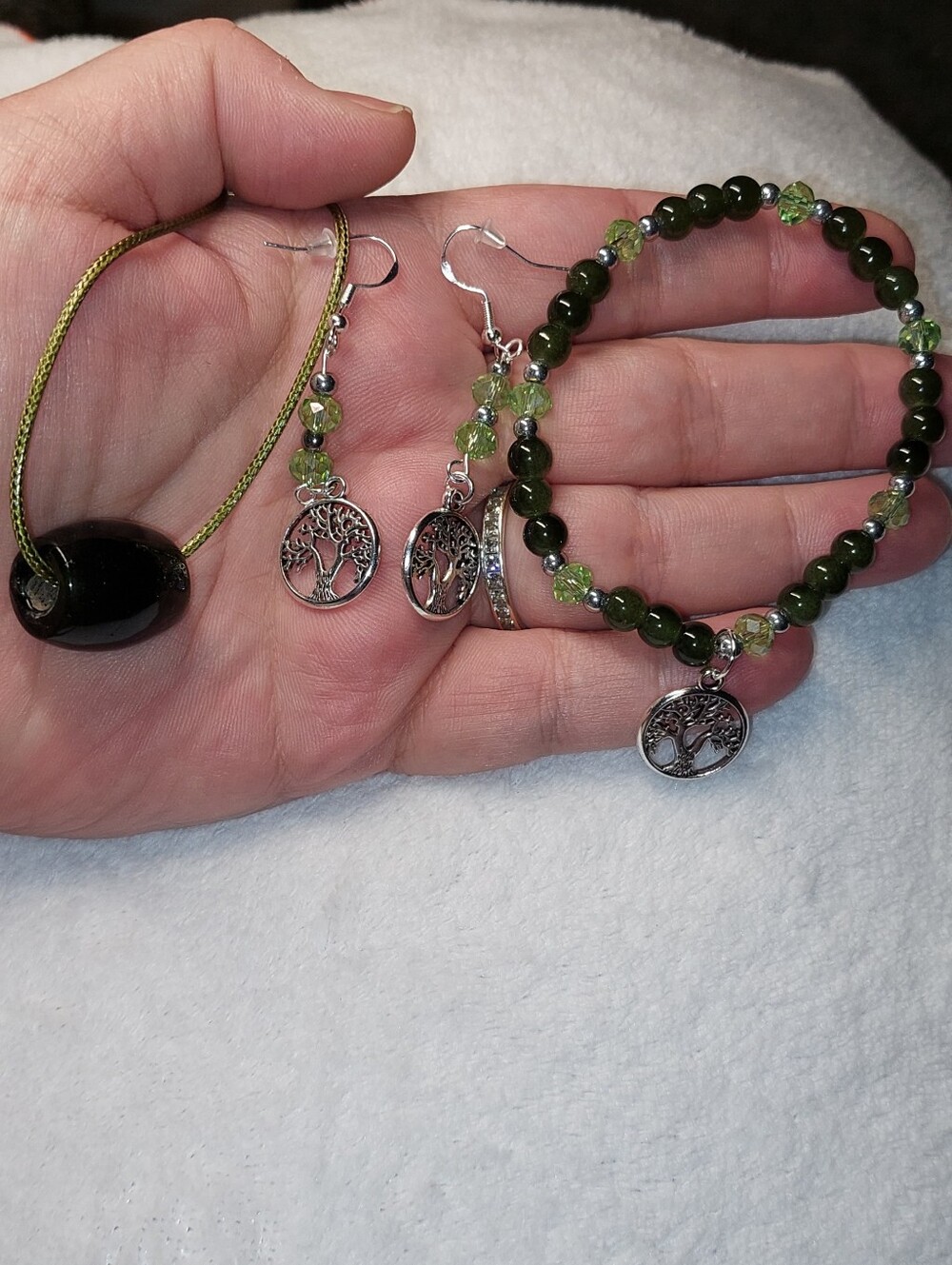 Handmade Tree of Life Green Glass Beaded Bracelet,necklace & Earrings Set